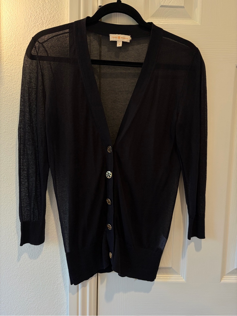 Tory Burch Black Sheer V-Neck Button Cardigan